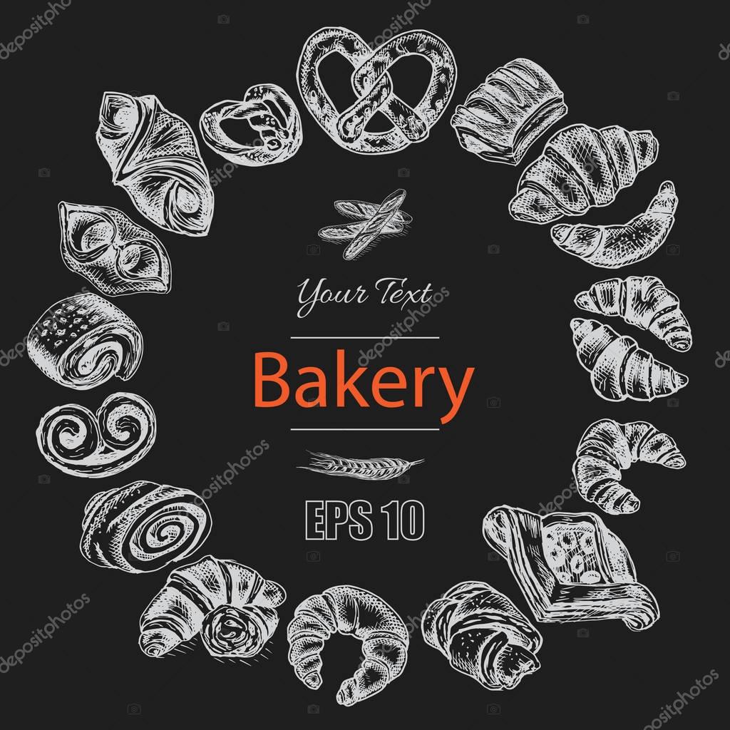 Vector illustration of bakery fresh pastry card sketch