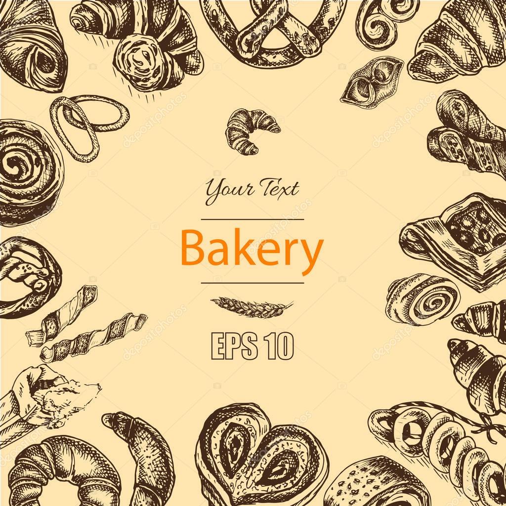 Vector illustration of bakery fresh pastry card sketch