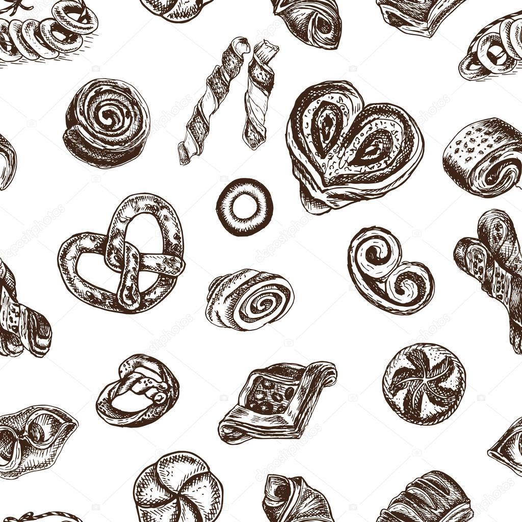 Vector illustration sketch bakery. Croissant, buns, puffs, bagel, donuts. Card bakery house with fresh pastries.