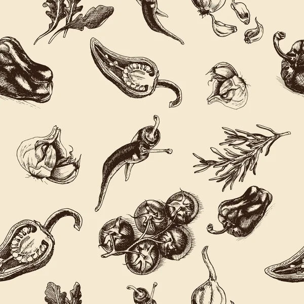 Background sketch pepper, chili, garlic, tomatoes — Stock Illustration Background sketch pepper, chili, garlic, tomatoes Stock Vector