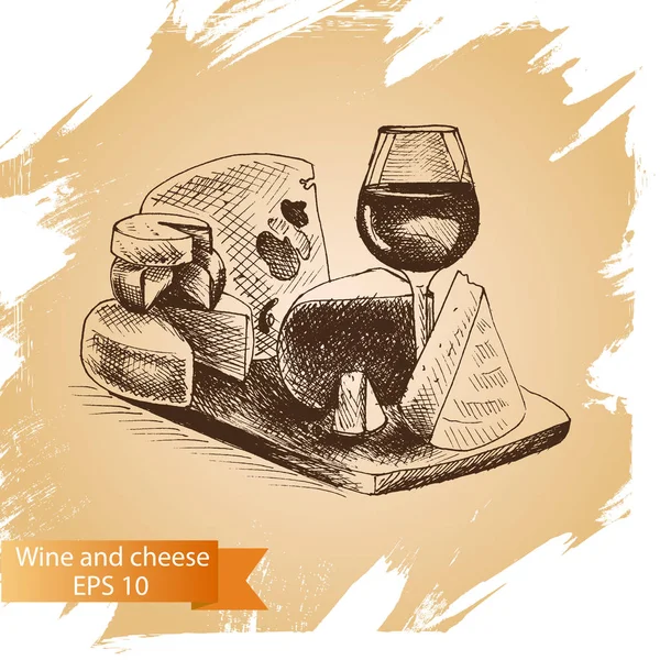 Croquis queso y vino tarjeta de comida — Archivo Imágenes Vectoriales