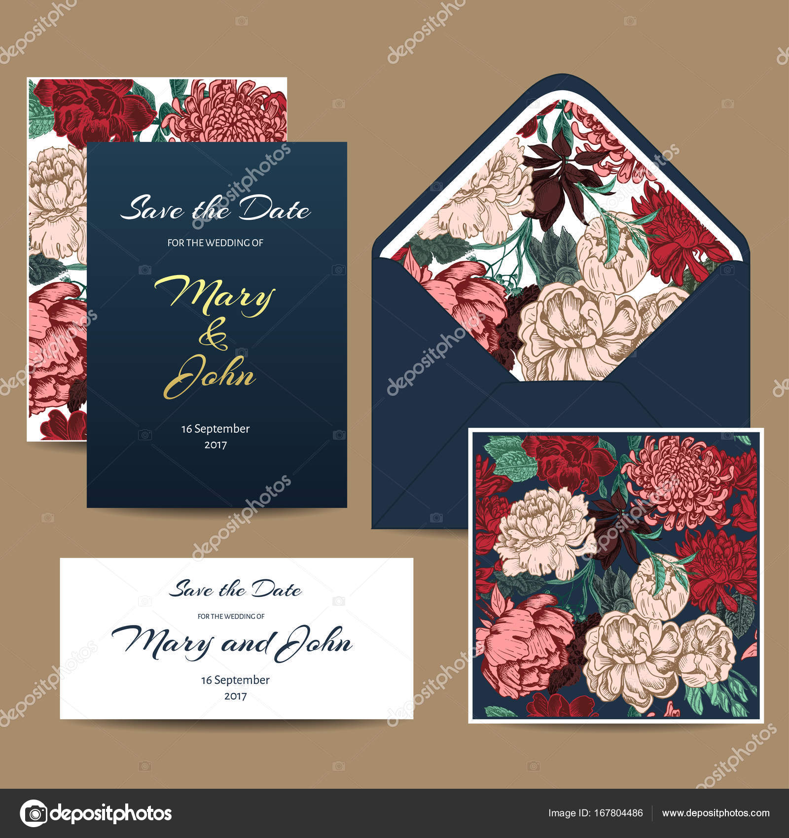 A Set Of Invitation Cards For The Wedding Postcards With Floral Ornament Envelope Greeting Card Business Card Seamless Background In The Style Of Full Color Ornaments Dahlias Ruscus Viburnum Stock Vector C