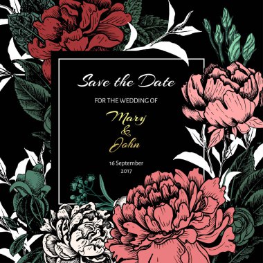 Vektör illüstrasyon kroki - kart ile çiçek krizantem, Şakayık. Çiçek düğün davetiyesi. Yıldızçiçeği, Ruscus, kartopu.