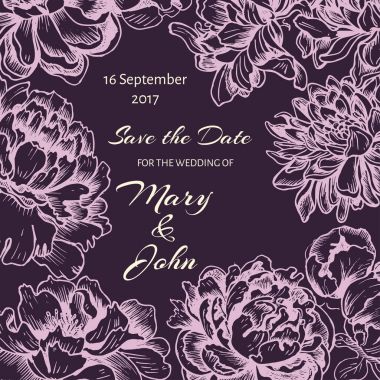 Vektör illüstrasyon kroki - kart ile çiçek krizantem, Şakayık. Düğün davetiyesi. Yaz çiçek. Modern floristics.