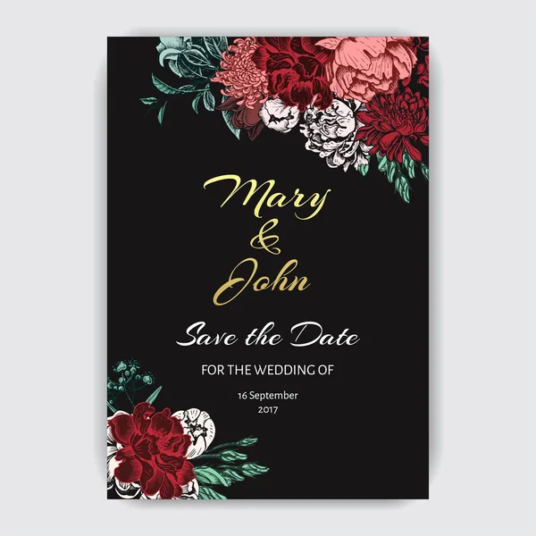 Vektör illüstrasyon kroki - kart ile çiçek krizantem, Şakayık. Çiçek düğün davetiyesi. Yıldızçiçeği, Ruscus, kartopu.