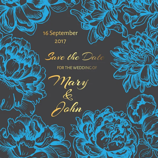 Vektör illüstrasyon kroki - kart ile çiçek krizantem, Şakayık. Düğün davetiyesi. Yaz çiçek. Modern floristics.