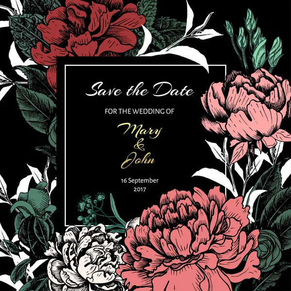 Vektör illüstrasyon kroki - kart ile çiçek krizantem, Şakayık. Çiçek düğün davetiyesi. Yıldızçiçeği, Ruscus, kartopu.