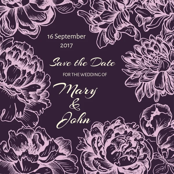 Vektör illüstrasyon kroki - kart ile çiçek krizantem, Şakayık. Düğün davetiyesi. Yaz çiçek. Modern floristics.