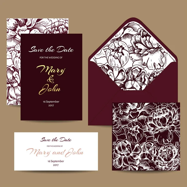 Ein Satz Einladungskarten für die Hochzeit. Postkarten mit floralem Ornament. Umschlag, Grußkarte, Visitenkarte, nahtloser Hintergrund im Stil floraler Ornamente. — Stockvektor