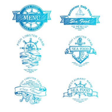 Beyaz arka plan üzerinde logoları deniz ürünleri menü için ayarla