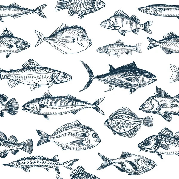 Modèle Sans Couture Croquis Monochrome Dessiné Main Poissons — Image vectorielle