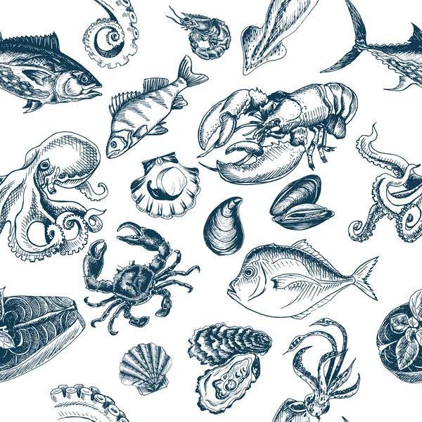 Modello Senza Cuciture Disegno Monocromatico Disegnato Mano Pesce — Vettoriale Stock