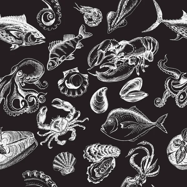 Modello Senza Cuciture Disegno Monocromatico Disegnato Mano Pesce — Vettoriale Stock