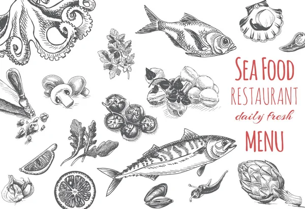 Desenho Menu Monocromático Para Restaurante Frutos Mar —  Vetores de Stock