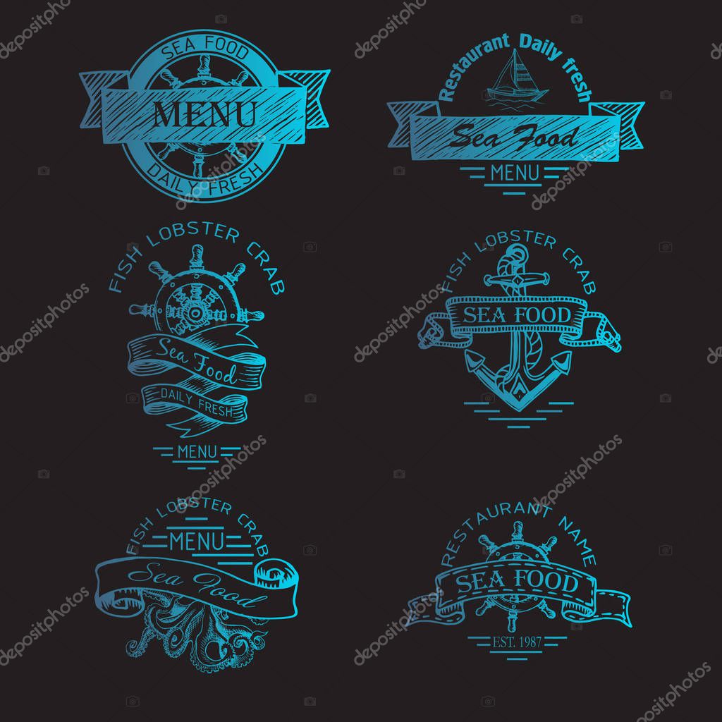 Set of logos for seafood menu on black background