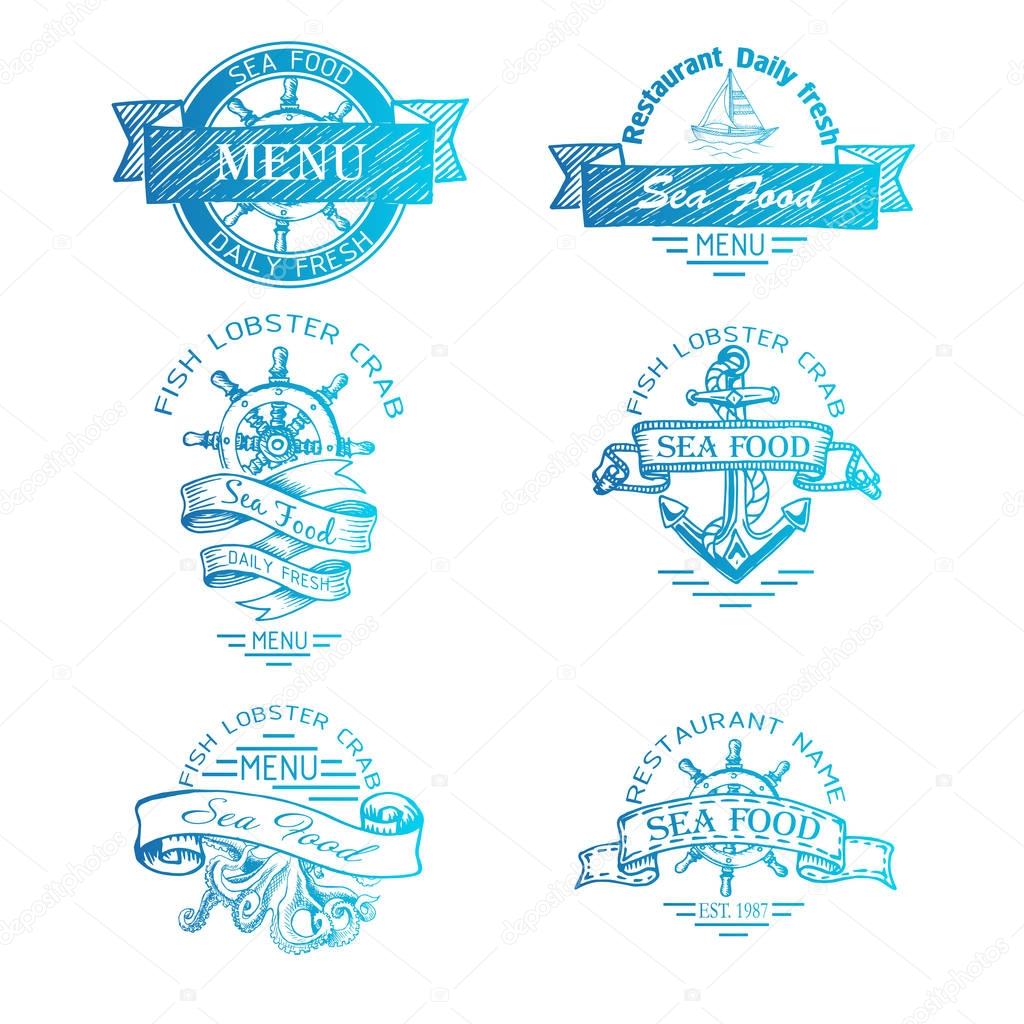 Set of logos for seafood menu on white background