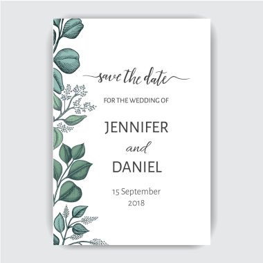 Elle çizilmiş düğün illüstrasyon yeşil yaprakları ve beyaz arka plan üzerinde izole yazı ile