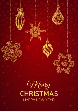 Yeni yıl tebrik kartı. Noel davetiyesi. Kar taneleriyle süslenmiş. Noel el çizimleri - xmas tasarımı için kürk ağacı.