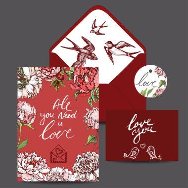 Vektör illüstrasyon kroki elle çizilmiş öğeleri. Kart Sevgililer günü.