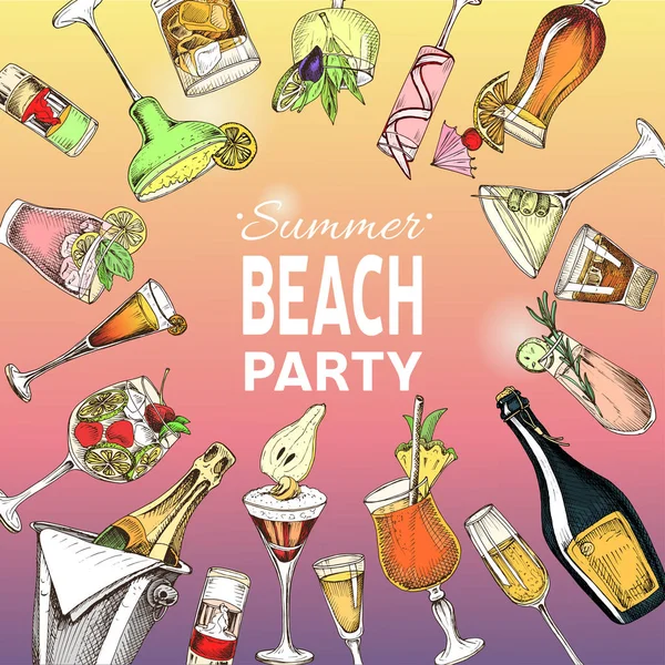 Invitación Para Una Fiesta Playa Vector Ilustración Con Bocetos Cócteles — Vector de stock