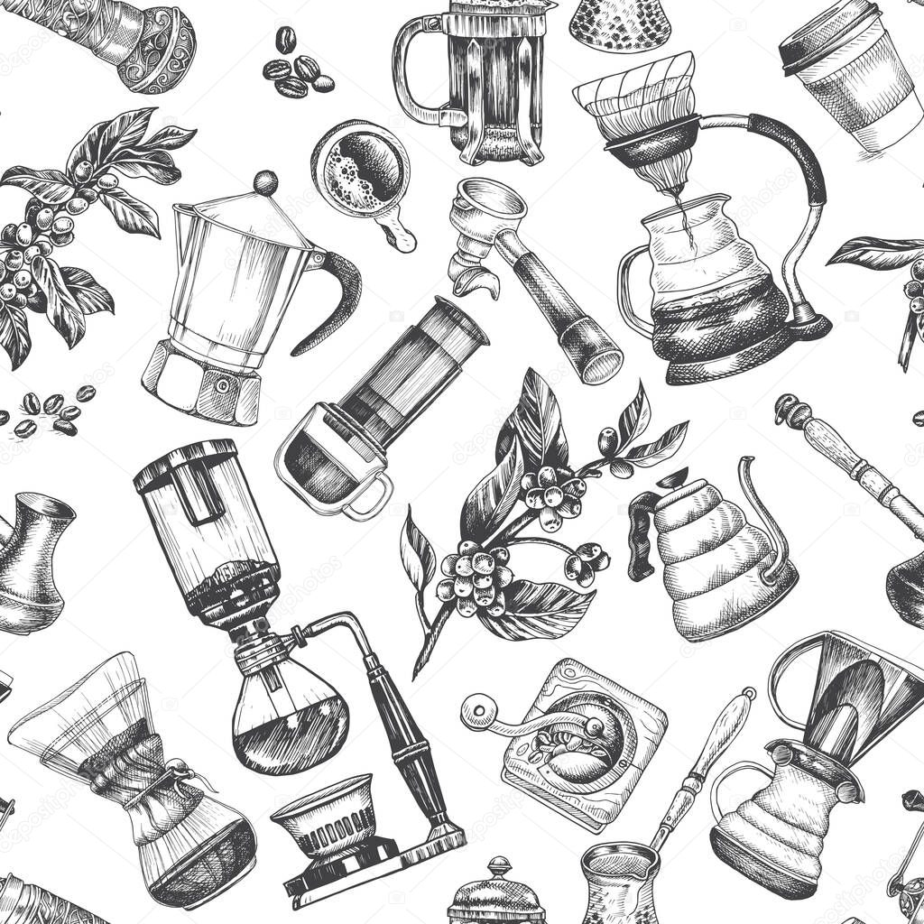 vector Illustration seamless pattern with alternative ways of brewing coffee