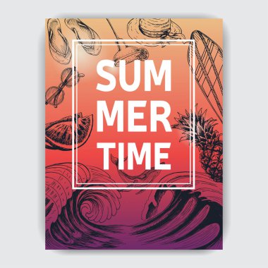 el çizimi, seyahat özellikleri ve harfleri olan yaratıcı yaz tabelası, vektör illüstrasyonu