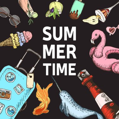 Elle çizilmiş renkli plaj partisi öznitelikleri ve harfleri olan yaratıcı yaz tabelası, vektör illüstrasyonu