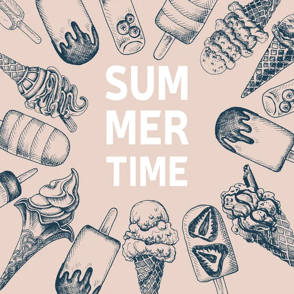 Δημιουργική Πανό Καλοκαίρι Ζωγραφισμένα Στο Χέρι Παγωτό Και Γράμματα Διανυσματική — Διανυσματικό Αρχείο