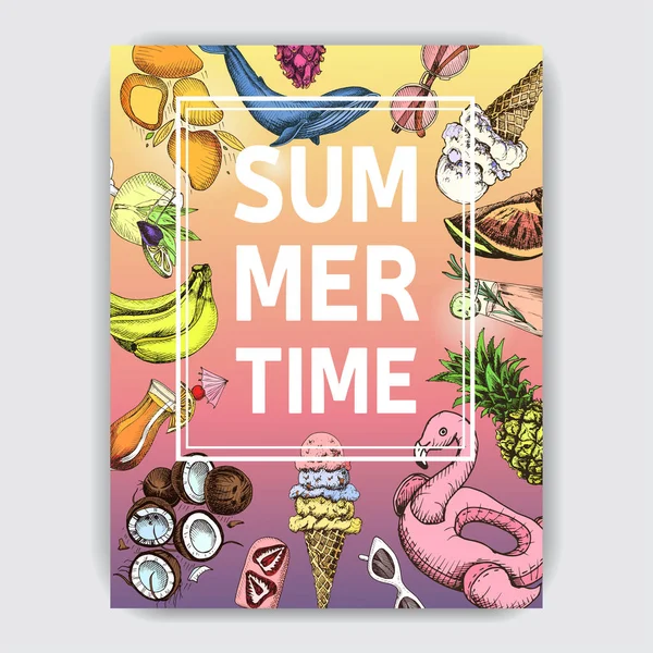 Kreatives Sommerbanner Mit Handgezeichneten Bunten Beachparty Attributen Und Schriftzug Vektorillustration Stockillustration