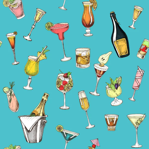 Seamless Pattern Hand Drawn Alcohol Bottles Glasses Cocktails Vector Illustration Vector Graphics