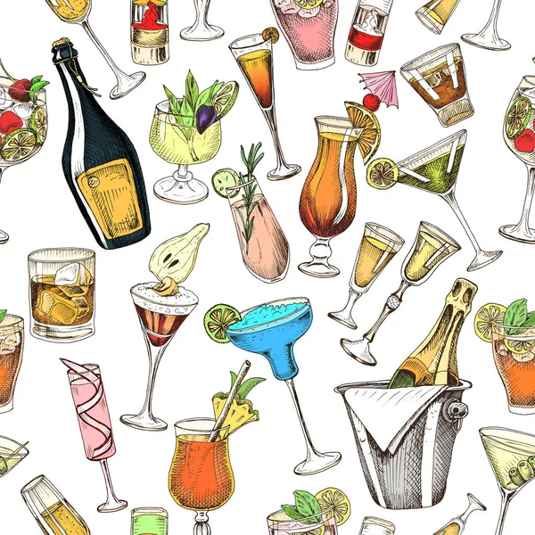 Seamless Pattern Hand Drawn Alcohol Bottles Glasses Cocktails Vector Illustration Royalty Free Stock Illustrations