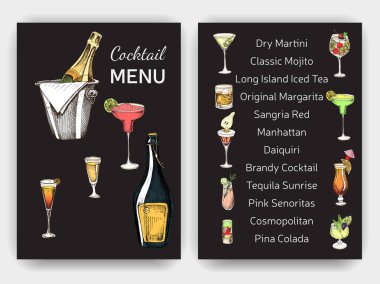 Kokteyl plajı partisi için davetiye. Kokteyl çizimleriyle illüstrasyon. El çizimi kokteyl çubuğu menüsü.