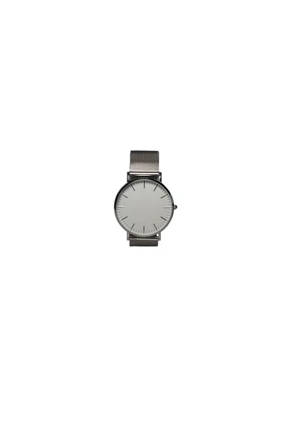 Silberne Uhr ohne Zeiger auf weißem Hintergrund — Stockfoto