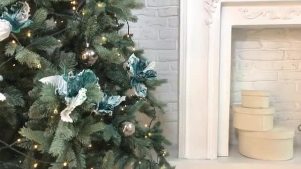Mädchen schmückt einen Weihnachtsbaum — Stockvideo
