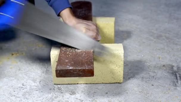 Trabajador sierra mano sierra bloque de madera — Vídeos de Stock