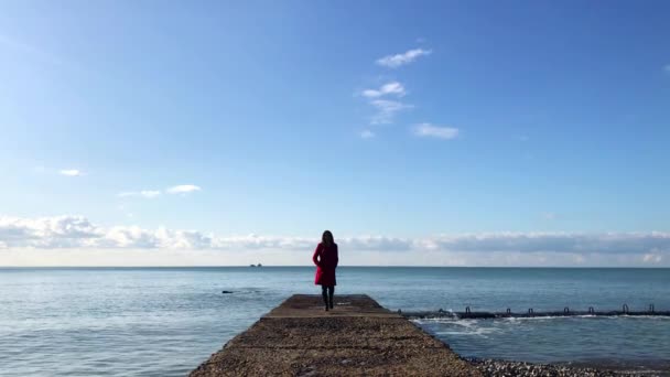 A garota de casaco vermelho correndo ao redor do quebra-mar — Vídeo de Stock