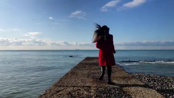 Девушка в красном пальто бегает вокруг волнореза — стоковое видео
