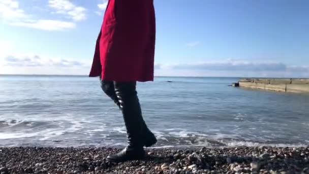 Una donna cammina lungo la spiaggia con il tempo soleggiato — Video Stock