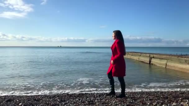 Una donna cammina lungo la spiaggia con il tempo soleggiato — Video Stock