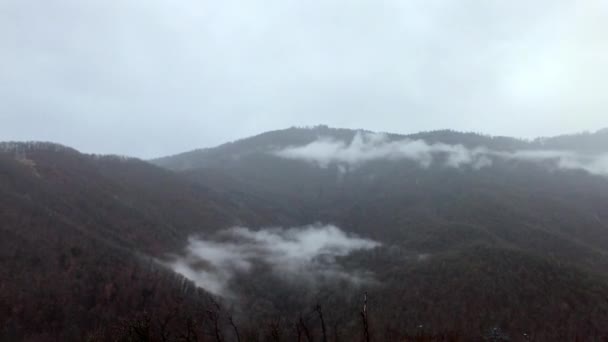 Köd a hegyekben, eső és hó esik — Stock videók