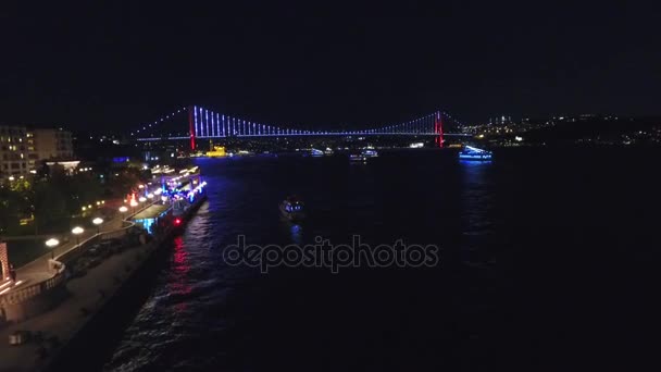 Istanbul Bridge Drone Night Aerial View Video Ciragan Sarayi Bogaz — Stock Video