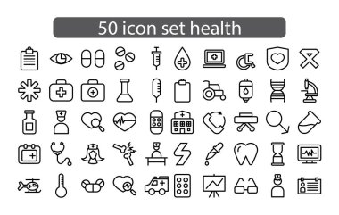 İnce çizgi anahat, düz tıp ve sağlık Vector Icons set