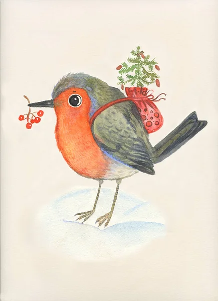 Handritad Akvarell Illustration Fågel Robin Bär Julgran Ryggsäck Vinter Illustration — Stockfoto