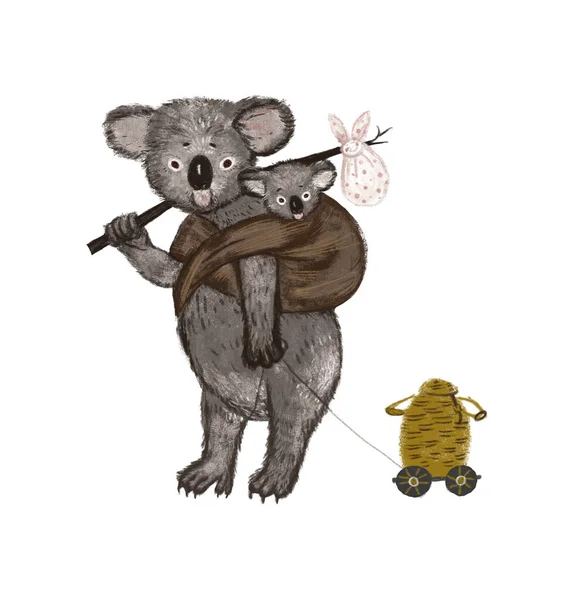 Mignon Drôle Maman Koala Avec Son Ourson Sur Dos Laisse — Photo