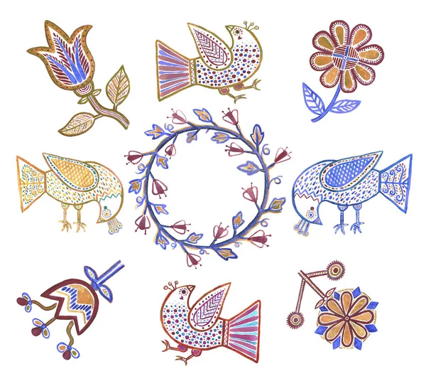 Handritning Akvarell Uppsättning Fantasi Blommor Och Fåglar Uppsättning Dekorativa Element — Stockfoto
