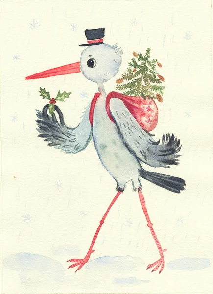 God Jul Handritad Akvarell Illustration Stork Brevbäraren Bär Julgran — Stockfoto