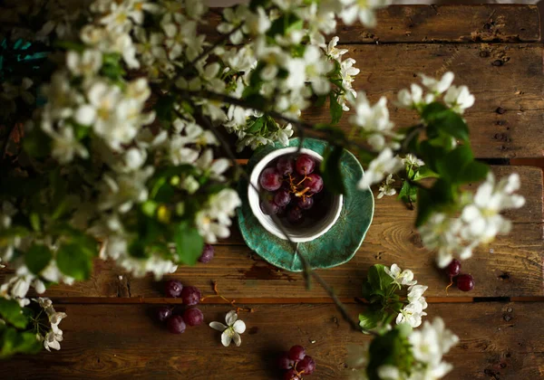 Frühlingsstille Eine Tasse Mit Trauben Und Dem Blühenden Apfelbaumzweig Auf — Stockfoto