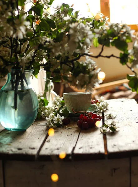 Frühlingsstilleben Eine Tasse Grüner Tee Und Der Blühende Apfelbaumzweig Und — Stockfoto
