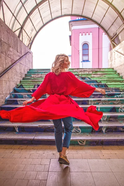 Street Style fashion woman, wearing red