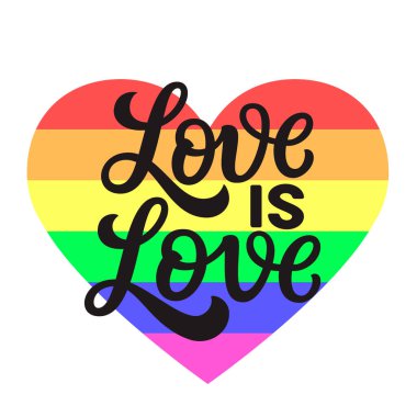 Aşk aşktır. Beyaz arka planda izole edilmiş gökkuşağı kalpli el yazısı. Posterler, kartlar, tişörtler, afişler, etiketler için vektör tipografisi